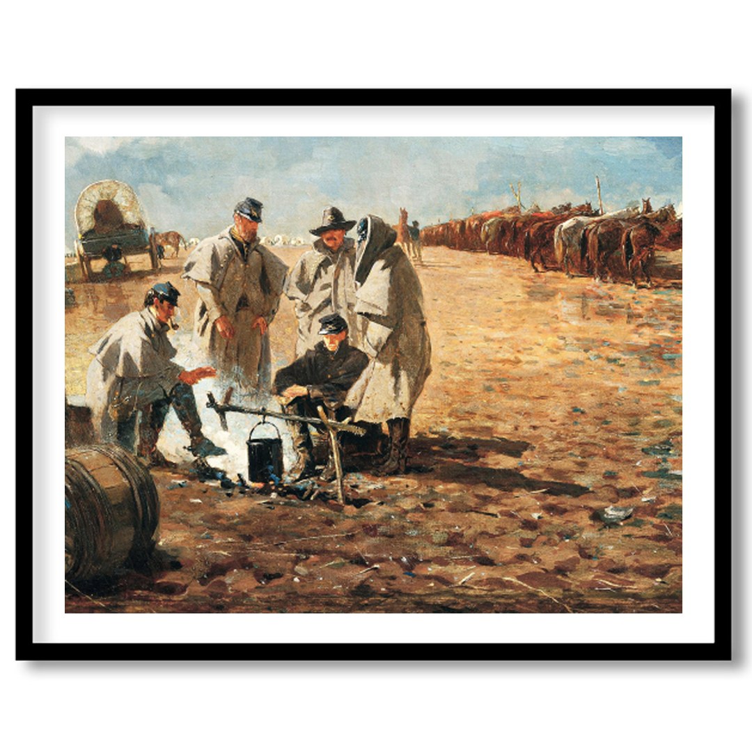 Step into a historical scene with this evocative landscape painting depicting a rustic campsite. for living-space