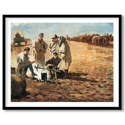 Step into a historical scene with this evocative landscape painting depicting a rustic campsite. for living-space