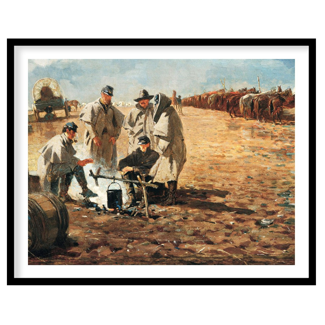 Step into a historical scene with this evocative landscape painting depicting a rustic campsite. for living-space
