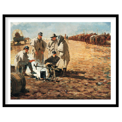 Step into a historical scene with this evocative landscape painting depicting a rustic campsite. for living-space