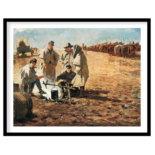 Step into a historical scene with this evocative landscape painting depicting a rustic campsite. for living-space