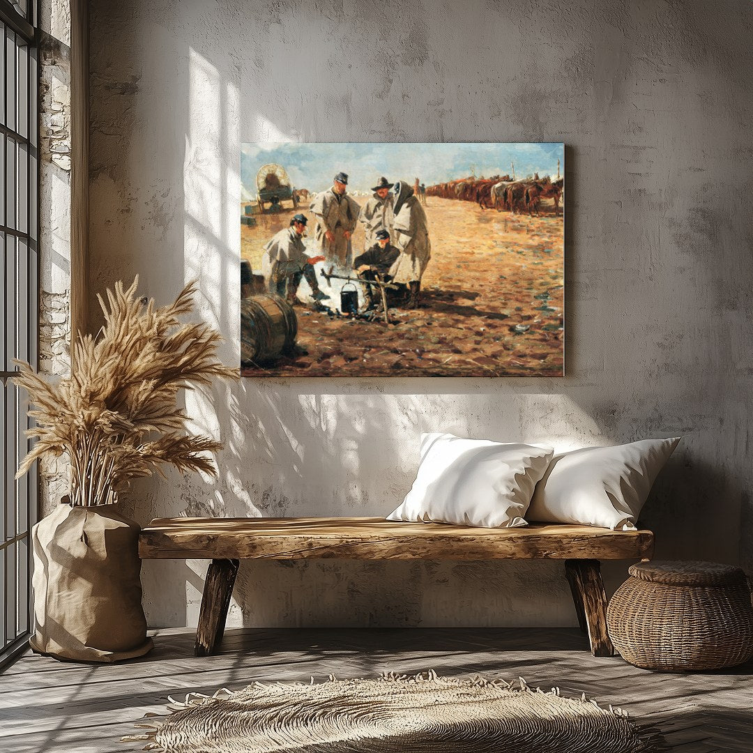 Step into a historical scene with this evocative landscape painting depicting a rustic campsite. for Veranda
