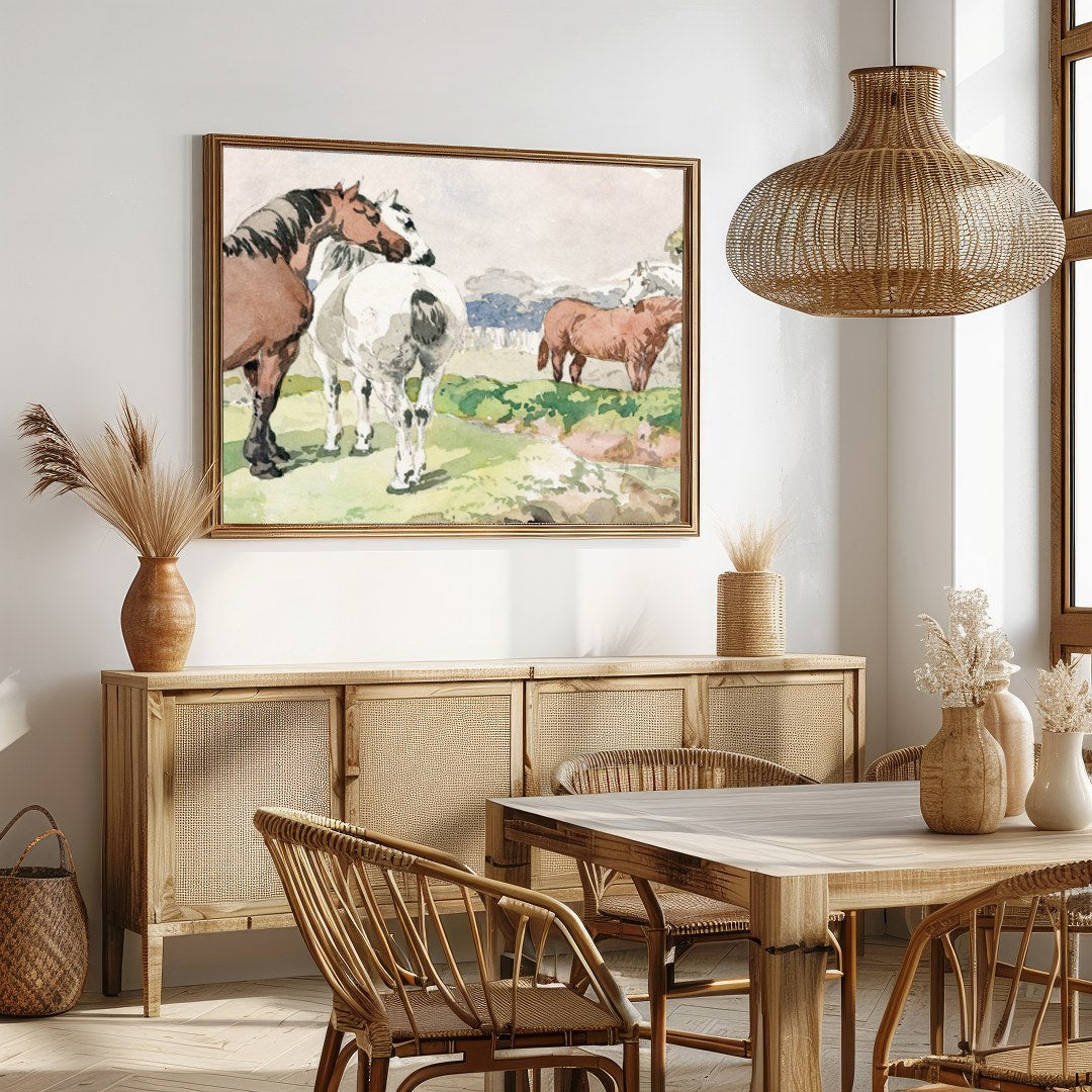 Immerse yourself in the tranquility of pastoral life with this exquisite watercolor painting. for Dining