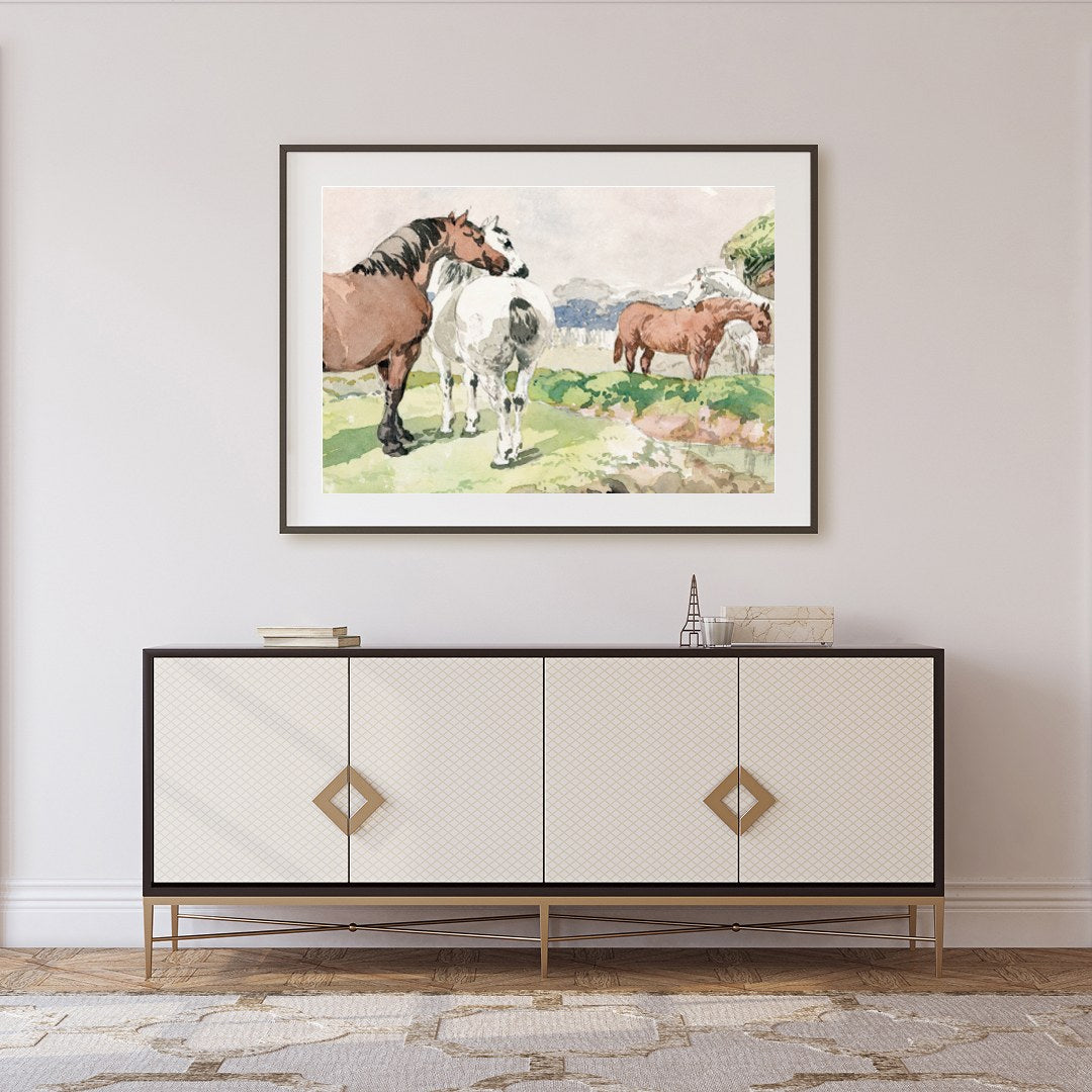 Immerse yourself in the tranquility of pastoral life with this exquisite watercolor painting. for Foyer