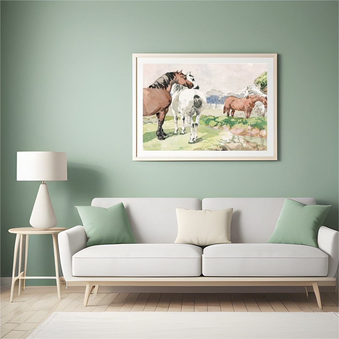 Immerse yourself in the tranquility of pastoral life with this exquisite watercolor painting. for Hall