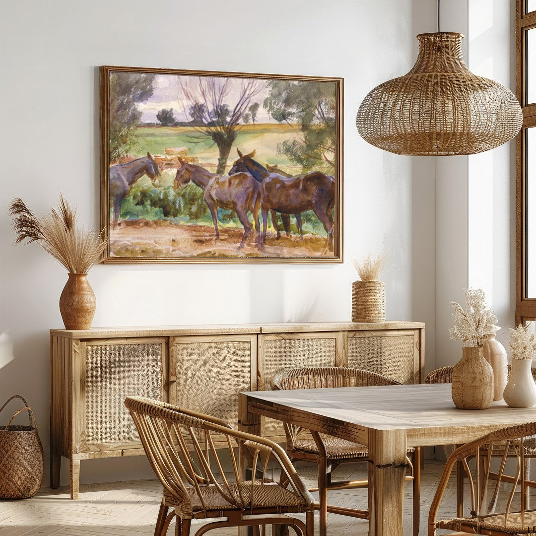 This captivating watercolor piece offers a serene glimpse into a countryside scene, featuring a for Dining