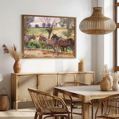 This captivating watercolor piece offers a serene glimpse into a countryside scene, featuring a for Dining