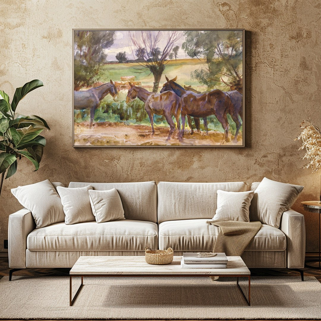 This captivating watercolor piece offers a serene glimpse into a countryside scene, featuring a for Family Room