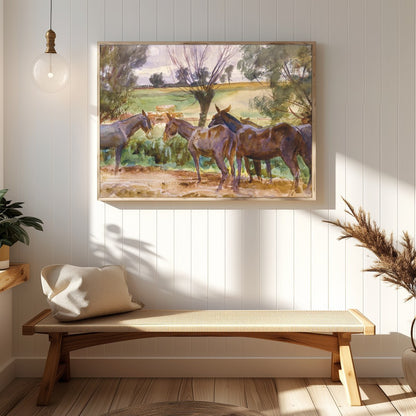 This captivating watercolor piece offers a serene glimpse into a countryside scene, featuring a for Hallway