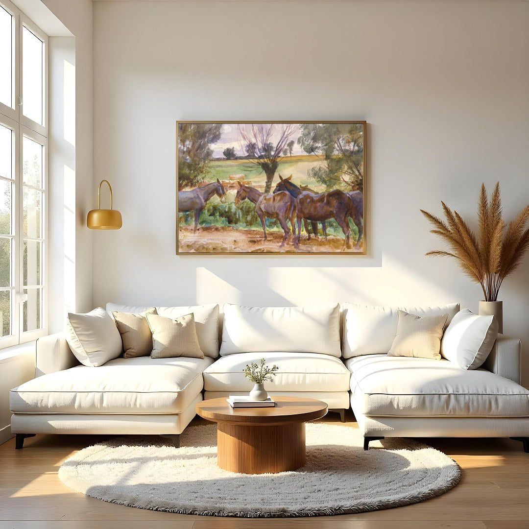 This captivating watercolor piece offers a serene glimpse into a countryside scene, featuring a for Living Room