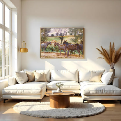 This captivating watercolor piece offers a serene glimpse into a countryside scene, featuring a for Living Room