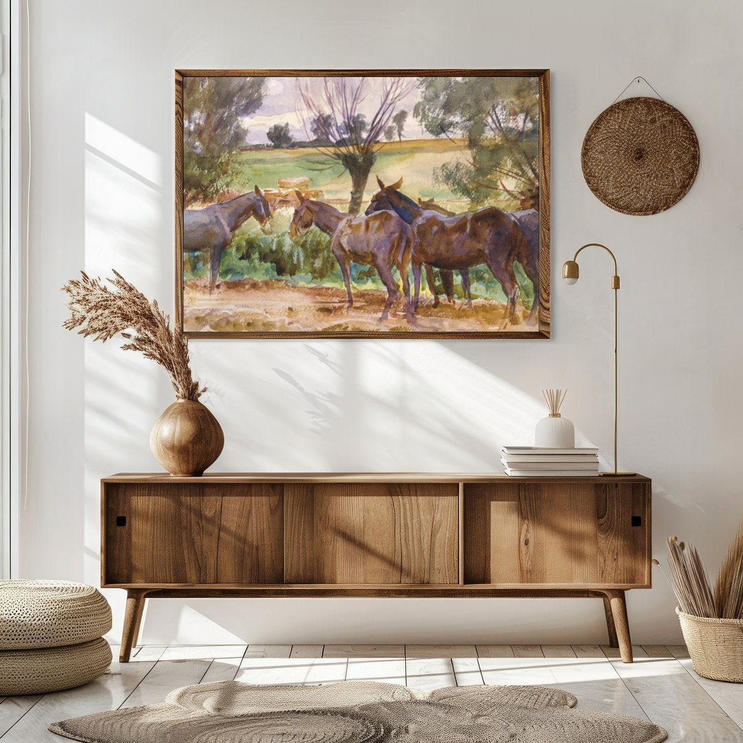 This captivating watercolor piece offers a serene glimpse into a countryside scene, featuring a for Sitting Area