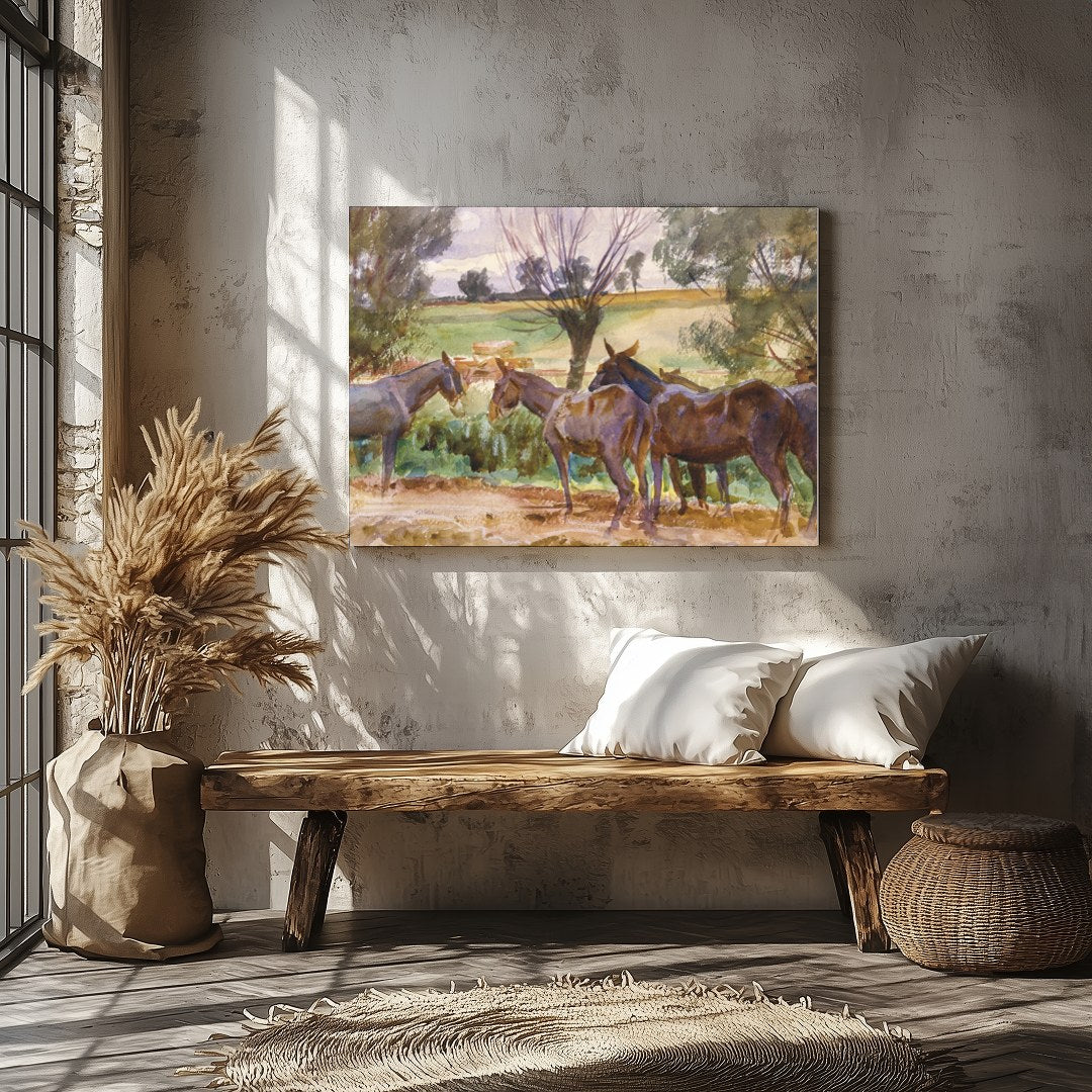 This captivating watercolor piece offers a serene glimpse into a countryside scene, featuring a for Veranda