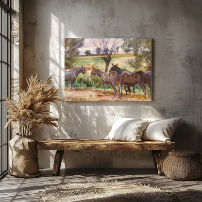 This captivating watercolor piece offers a serene glimpse into a countryside scene, featuring a for Veranda