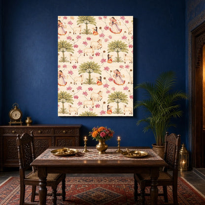 Immerse yourself in the serene beauty of this exquisite art piece featuring Radha and Krishna in a for Dining