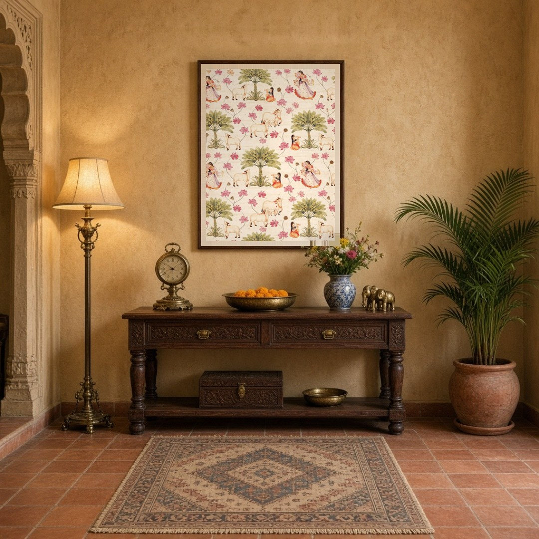Immerse yourself in the serene beauty of this exquisite art piece featuring Radha and Krishna in a for Entrance