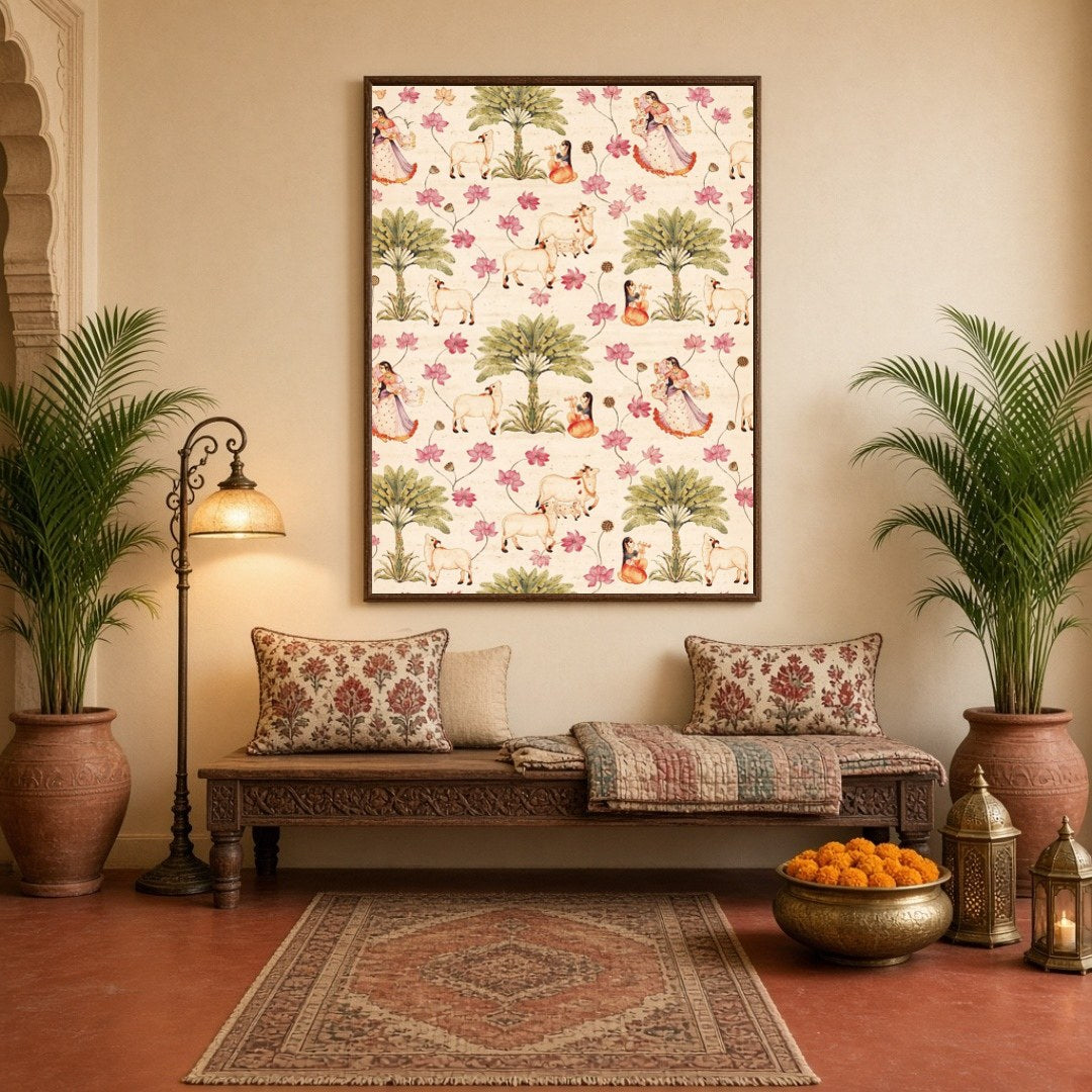 Immerse yourself in the serene beauty of this exquisite art piece featuring Radha and Krishna in a for Hallway