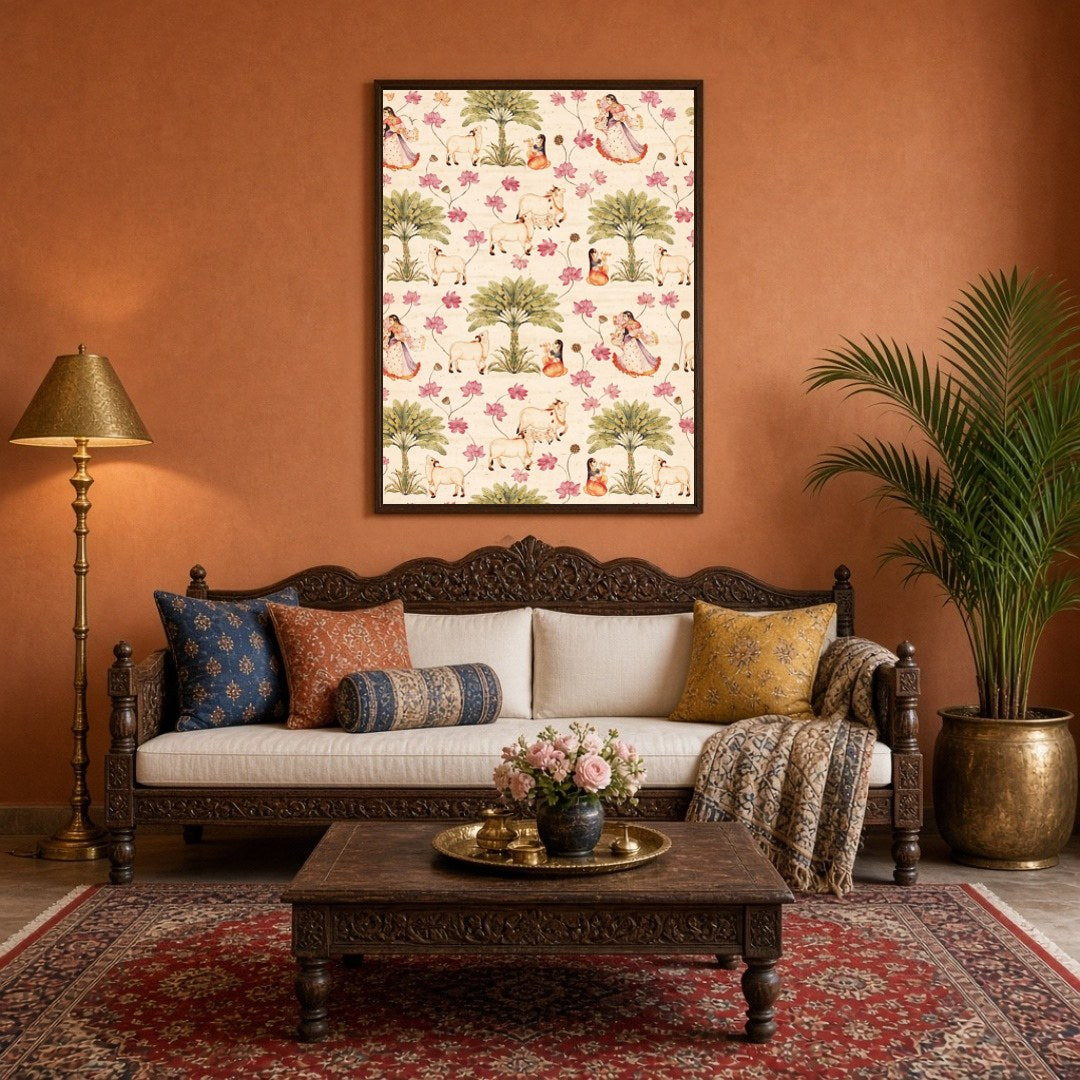 Immerse yourself in the serene beauty of this exquisite art piece featuring Radha and Krishna in a for Living Room