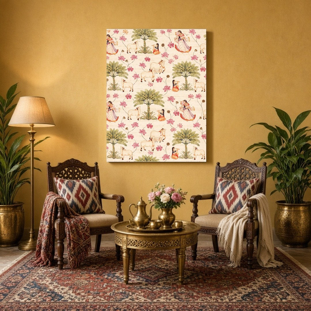 Immerse yourself in the serene beauty of this exquisite art piece featuring Radha and Krishna in a for Sitting Area