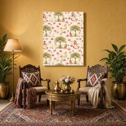Immerse yourself in the serene beauty of this exquisite art piece featuring Radha and Krishna in a for Sitting Area