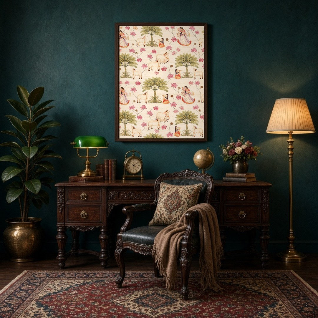Immerse yourself in the serene beauty of this exquisite art piece featuring Radha and Krishna in a for Study