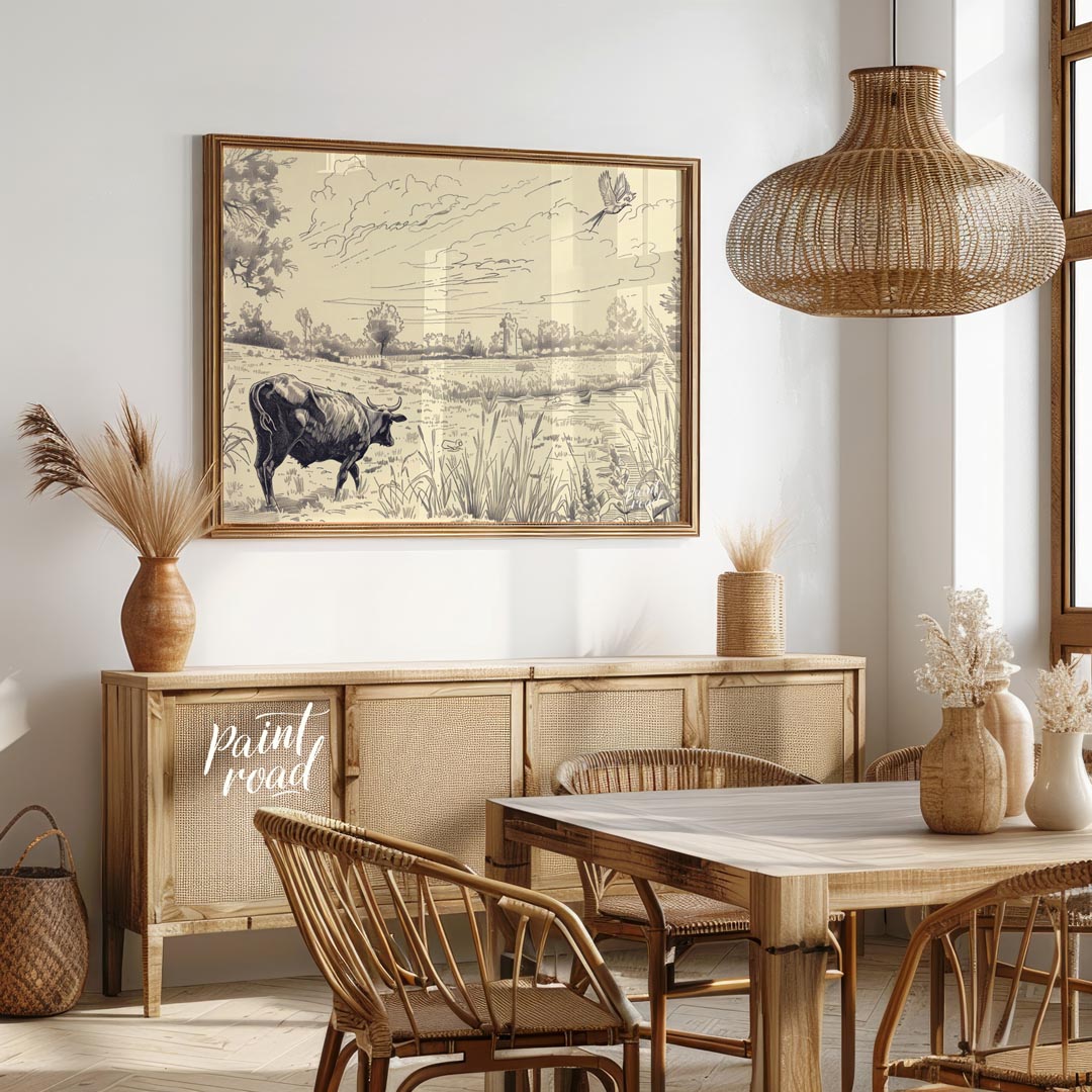 This detailed pen-and-ink drawing portrays a serene pastoral landscape, rich with intricate details… for dining room