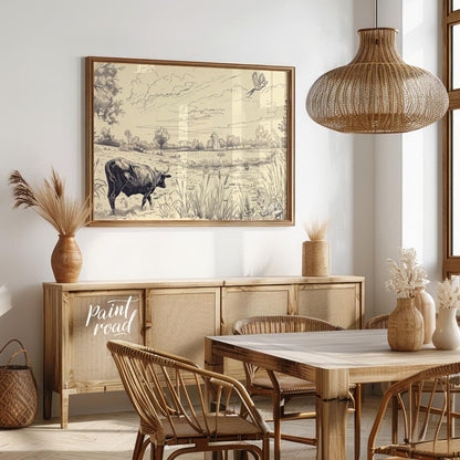 This detailed pen-and-ink drawing portrays a serene pastoral landscape, rich with intricate details… for dining room
