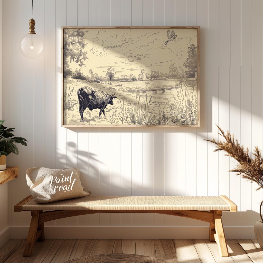 This detailed pen-and-ink drawing portrays a serene pastoral landscape, rich with intricate details… for entryway
