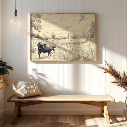This detailed pen-and-ink drawing portrays a serene pastoral landscape, rich with intricate details… for entryway