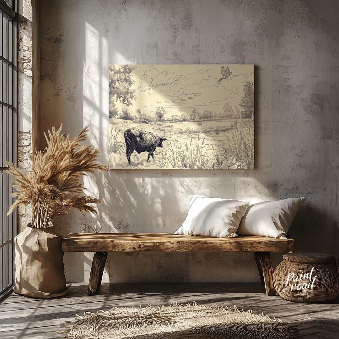 This detailed pen-and-ink drawing portrays a serene pastoral landscape, rich with intricate details… for entryway
