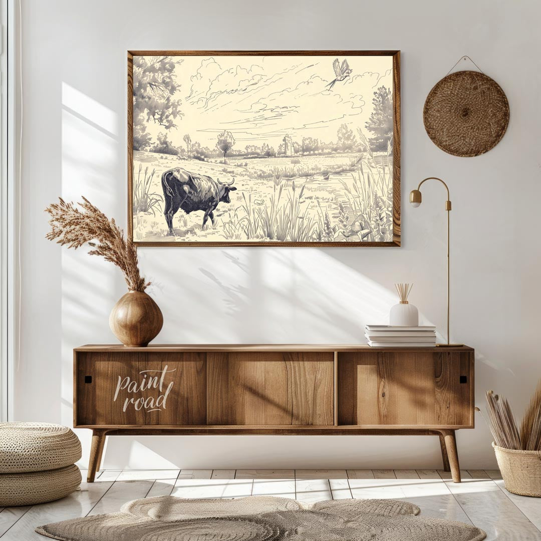 This detailed pen-and-ink drawing portrays a serene pastoral landscape, rich with intricate details… for living room