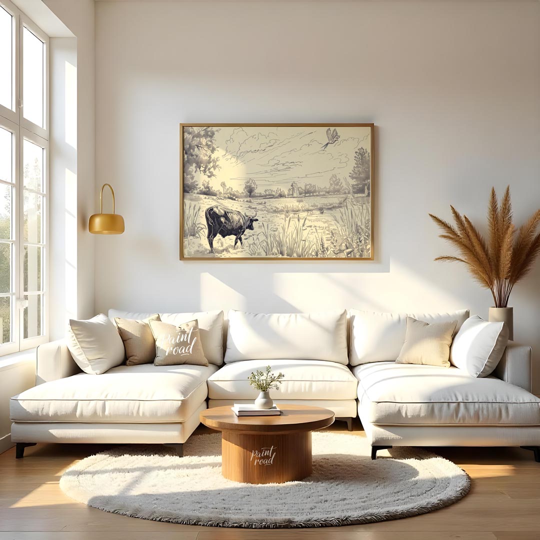 This detailed pen-and-ink drawing portrays a serene pastoral landscape, rich with intricate details… for living room