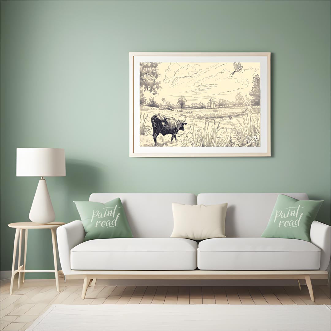 This detailed pen-and-ink drawing portrays a serene pastoral landscape, rich with intricate details… for living room