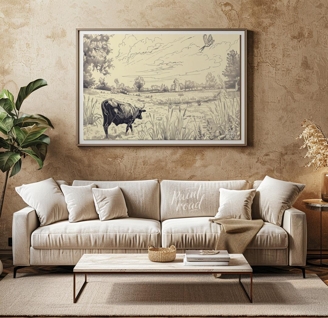 This detailed pen-and-ink drawing portrays a serene pastoral landscape, rich with intricate details… for living room