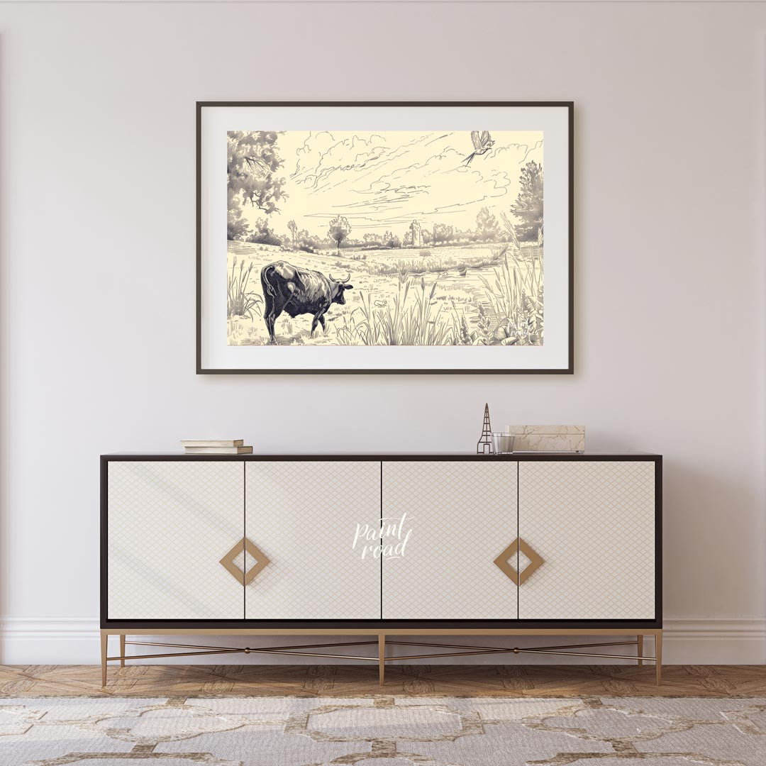 This detailed pen-and-ink drawing portrays a serene pastoral landscape, rich with intricate details… for living room