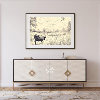 This detailed pen-and-ink drawing portrays a serene pastoral landscape, rich with intricate details… for living room