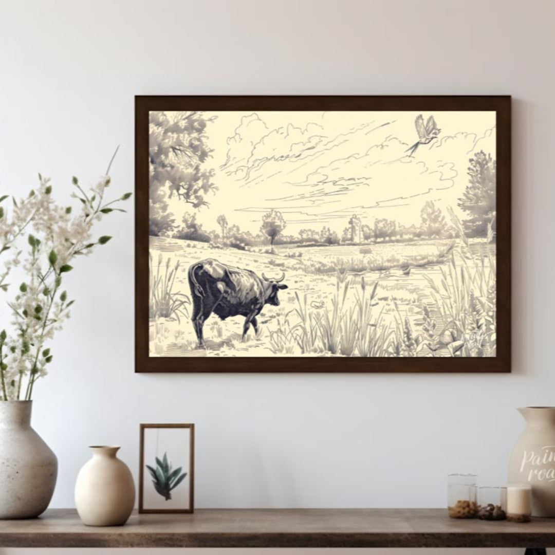 This detailed pen-and-ink drawing portrays a serene pastoral landscape, rich with intricate details… for living room