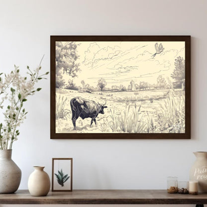 This detailed pen-and-ink drawing portrays a serene pastoral landscape, rich with intricate details… for living room