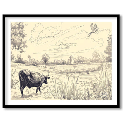 This detailed pen-and-ink drawing portrays a serene pastoral landscape, rich with intricate details… for lovely house