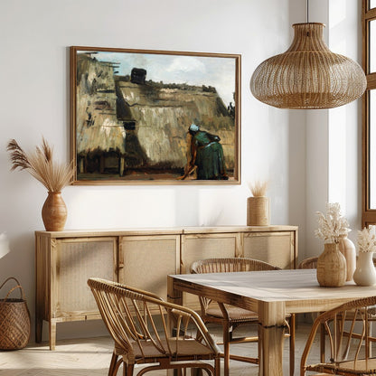 Embrace the rustic charm with this evocative painting depicting quaint thatched roof cottages. The for Dining