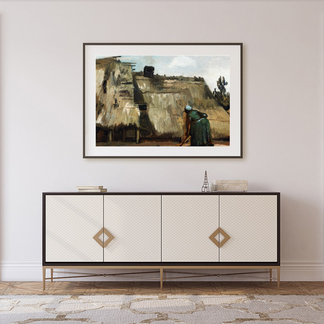 Embrace the rustic charm with this evocative painting depicting quaint thatched roof cottages. The for Foyer