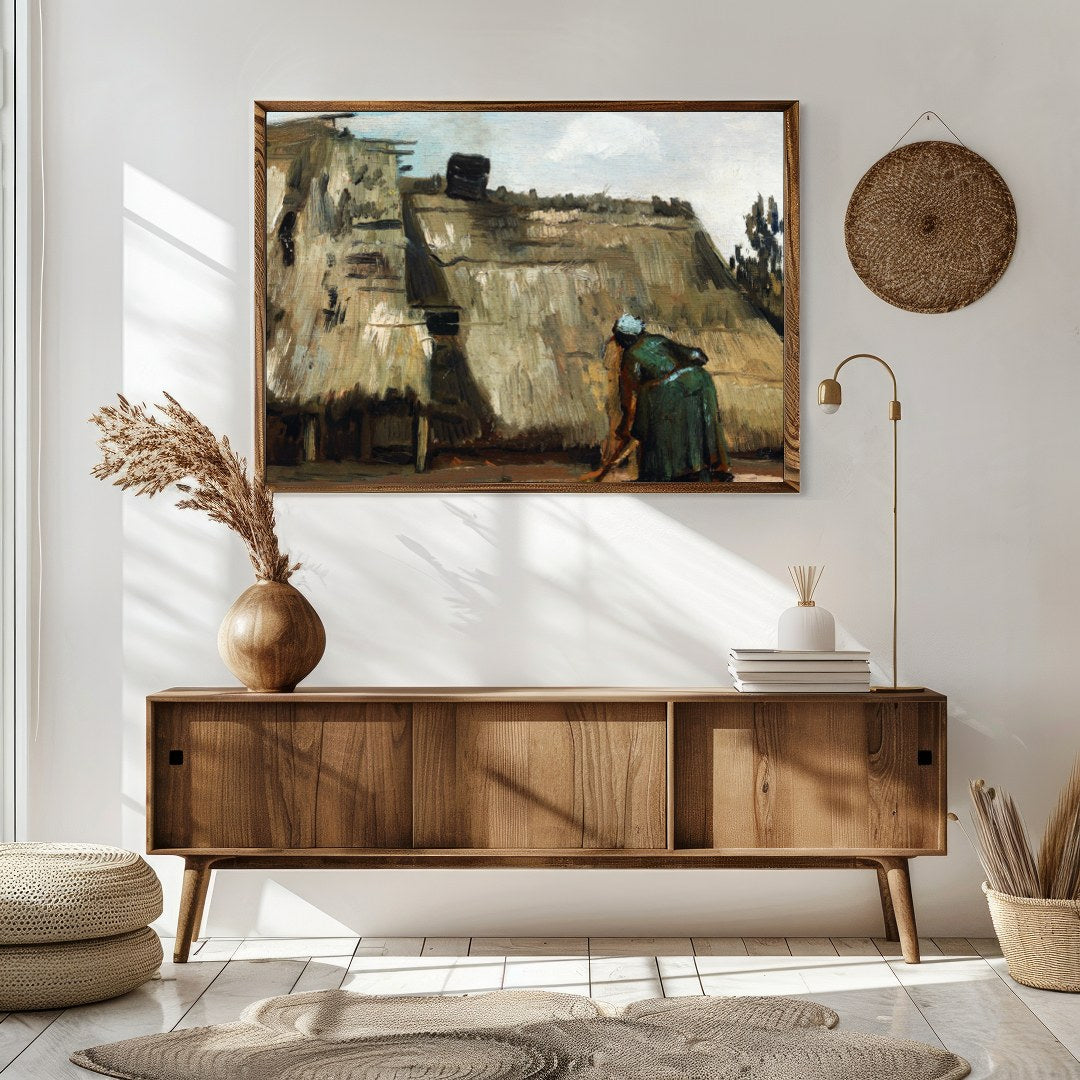 Embrace the rustic charm with this evocative painting depicting quaint thatched roof cottages. The for Sitting Area