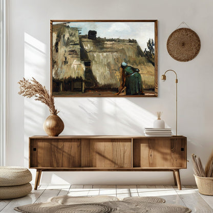 Embrace the rustic charm with this evocative painting depicting quaint thatched roof cottages. The for Sitting Area