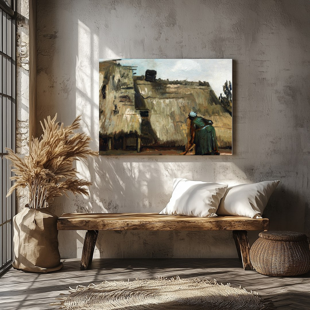 Embrace the rustic charm with this evocative painting depicting quaint thatched roof cottages. The for Veranda