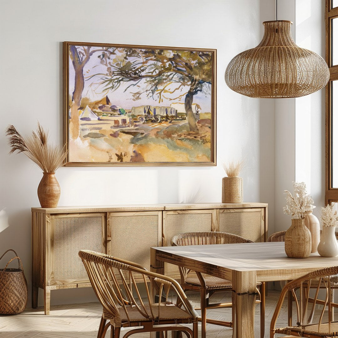 Experience the tranquility of a pastoral scene with this exquisite piece featuring a campsite for Dining
