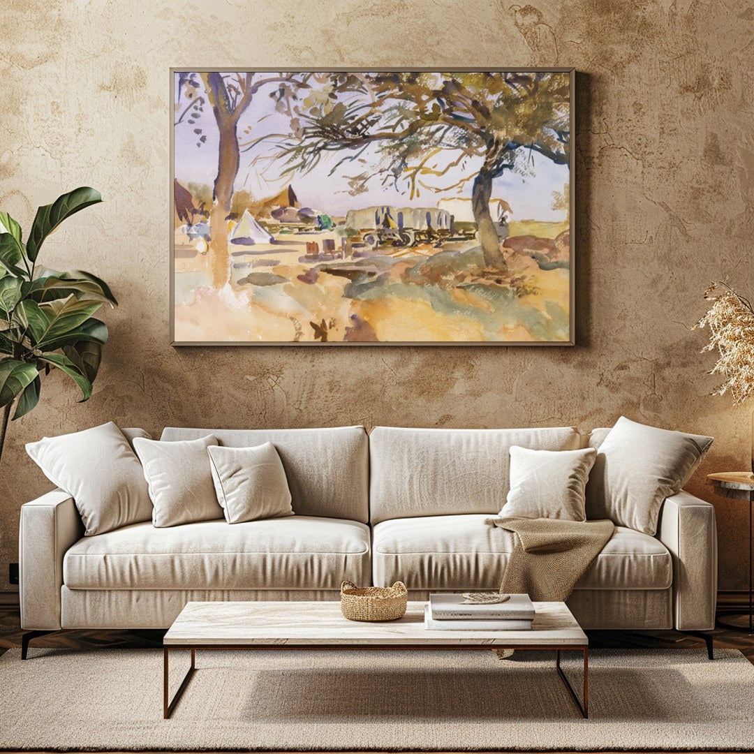Experience the tranquility of a pastoral scene with this exquisite piece featuring a campsite for Family Room