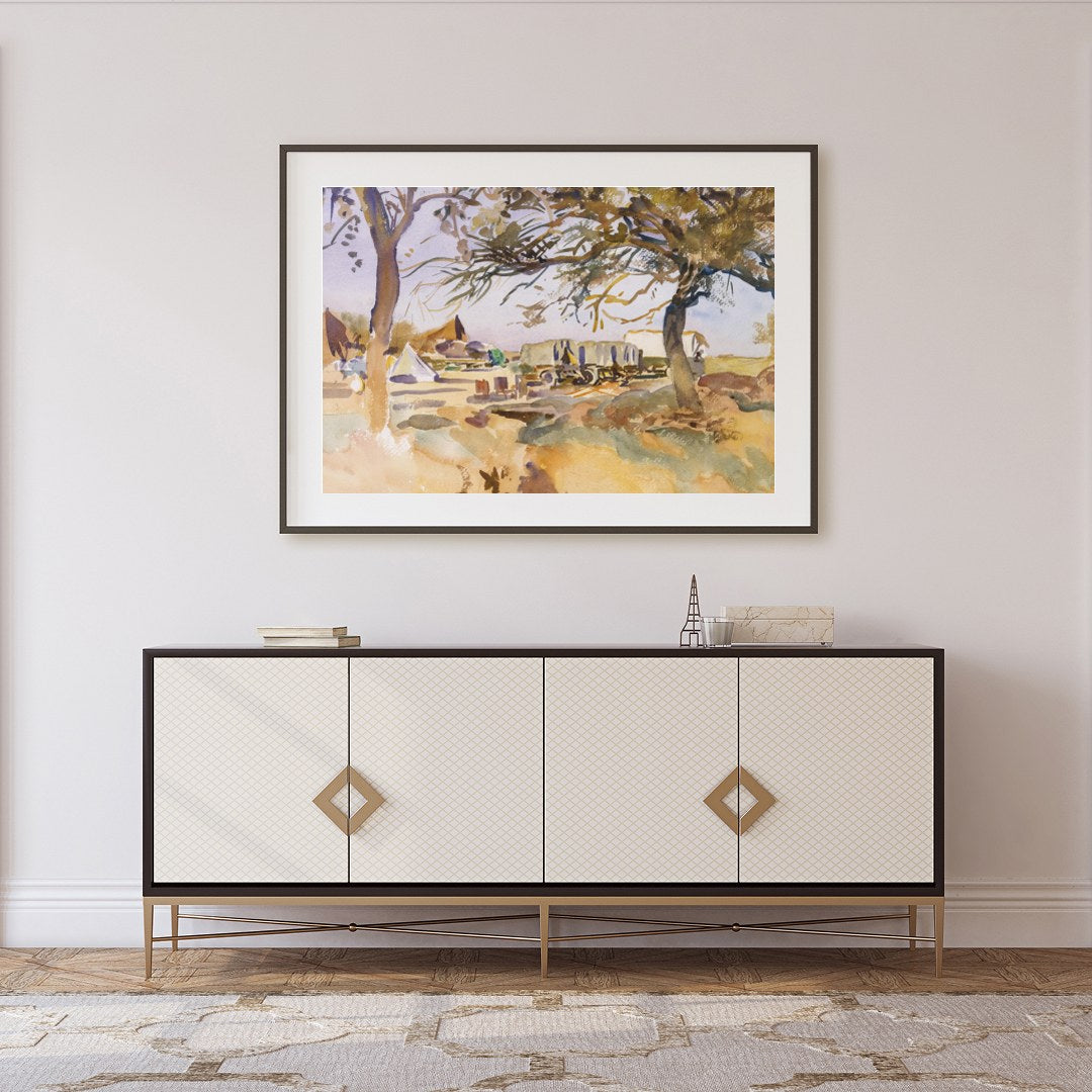 Experience the tranquility of a pastoral scene with this exquisite piece featuring a campsite for Foyer