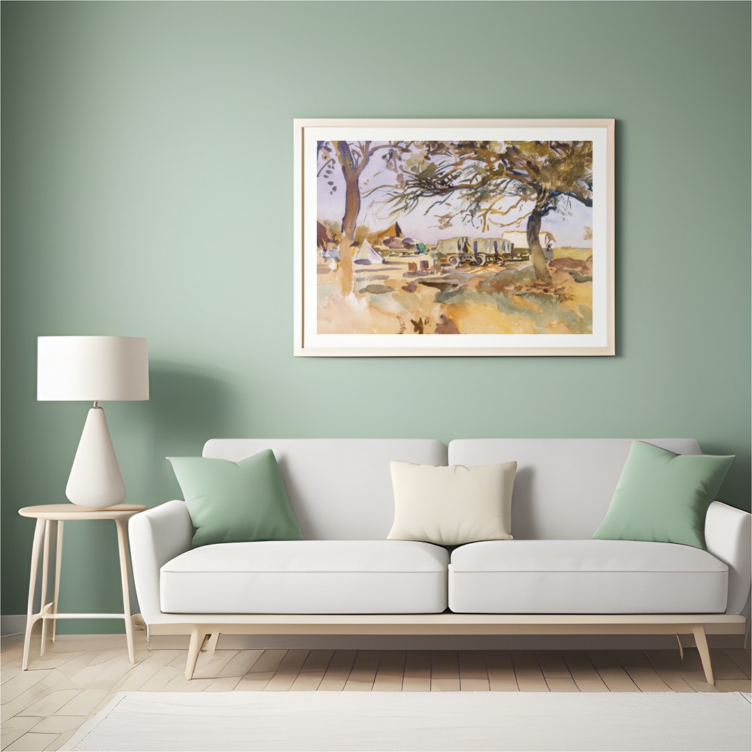 Experience the tranquility of a pastoral scene with this exquisite piece featuring a campsite for Hall