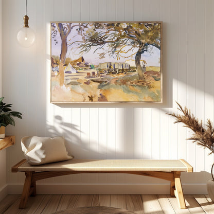 Experience the tranquility of a pastoral scene with this exquisite piece featuring a campsite for Hallway
