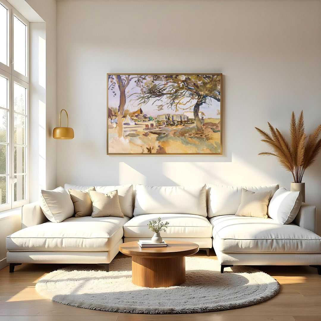 Experience the tranquility of a pastoral scene with this exquisite piece featuring a campsite for Living Room